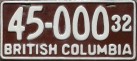 Nummernschilder / Kfz-Kennzeichen Kanada 1932 1930er British Columbia